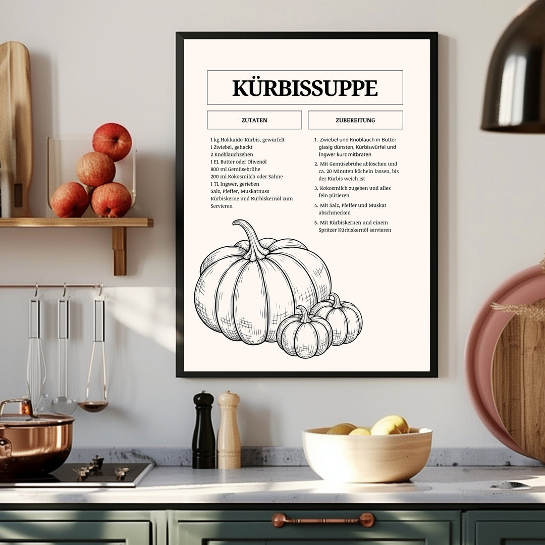Kürbissuppe Rezept Vol. I Poster – Schwarzer Rahmen – Produktfoto