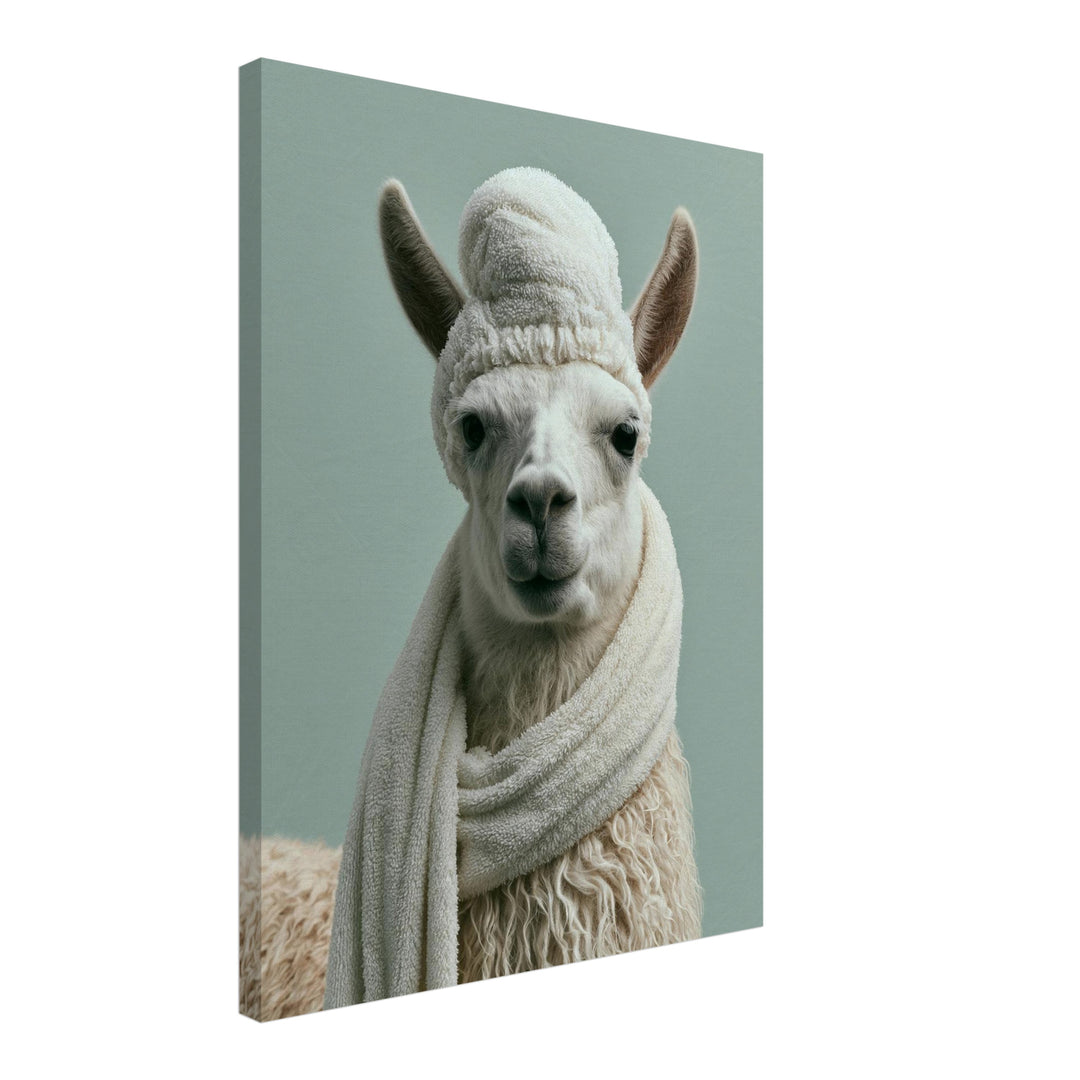 Lama mit Wintermütze Leinwandbild – Schräge Ansicht – Produktfoto