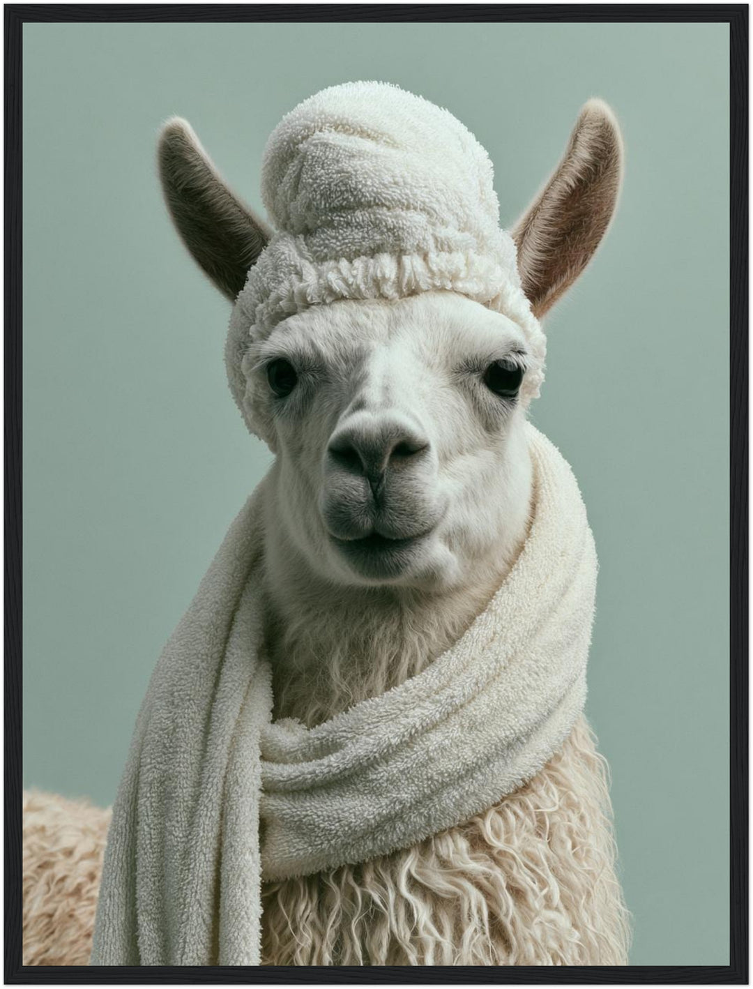 Lama mit Wintermütze Poster – Schwarzer Rahmen – Produktfoto