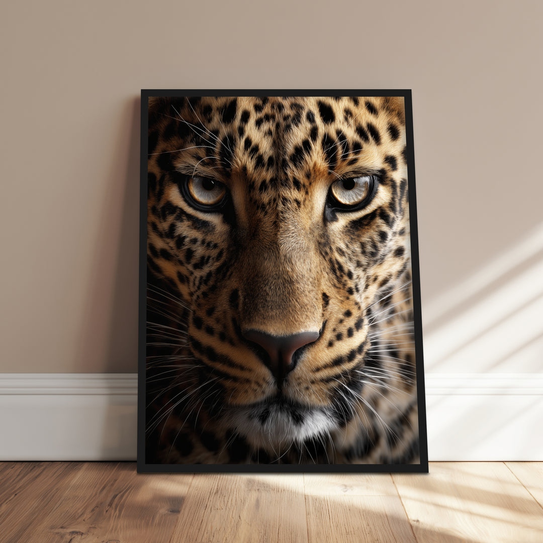 Leopard im Fokus Poster – Schwarzer Rahmen – Produktfoto
