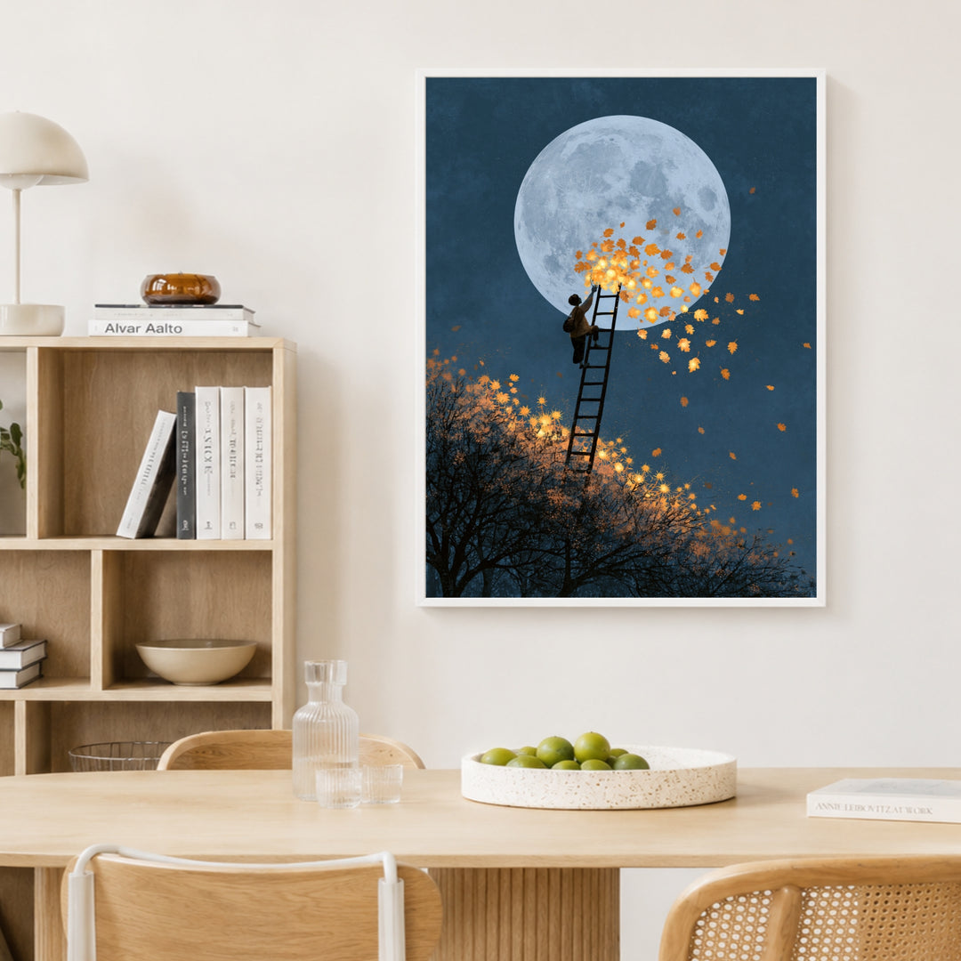 Mondleiter mit goldenen Blättern Poster – Weißer Rahmen – Produktfoto