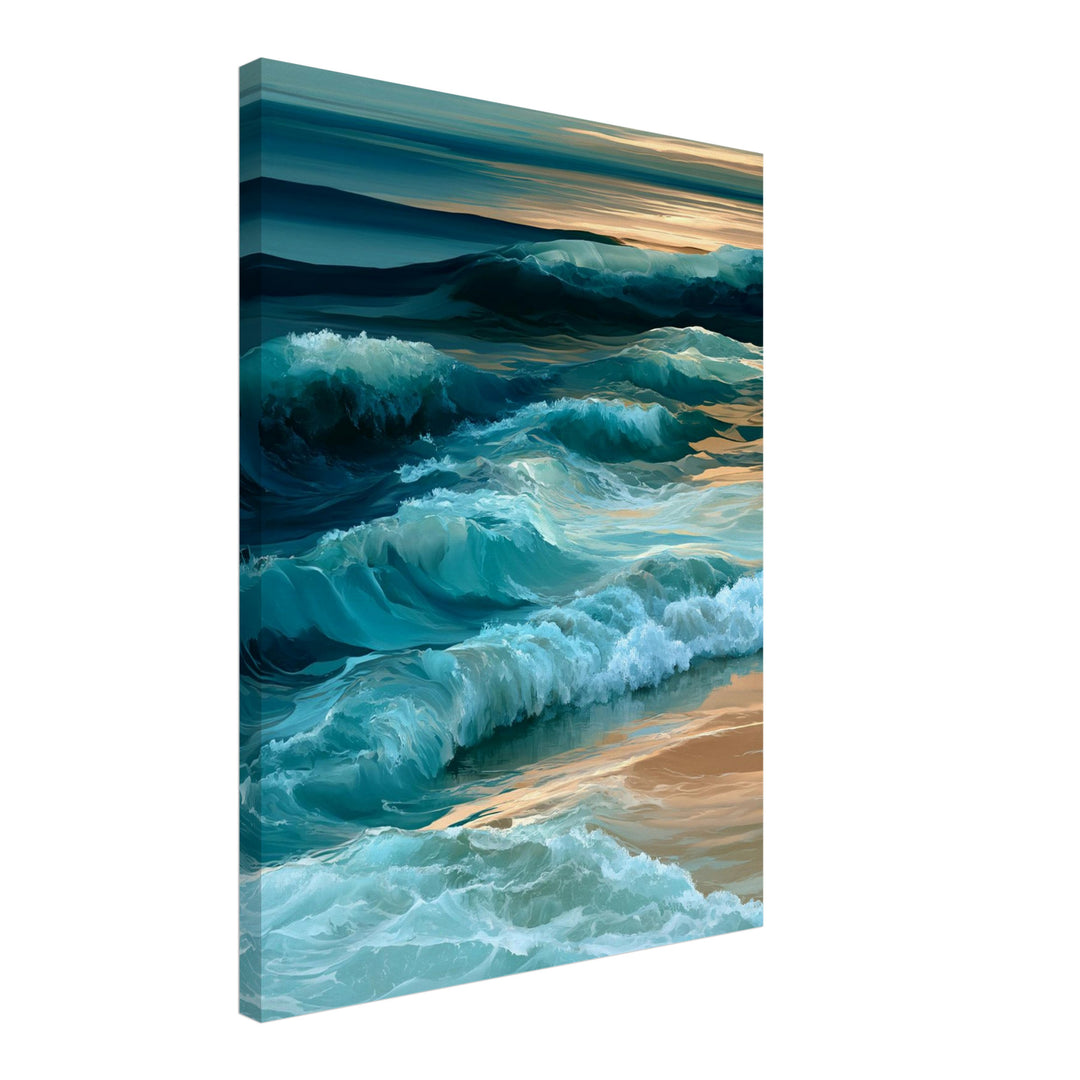 Meereswellen am Sandstrand Leinwandbild – Schräge Ansicht – Produktfoto