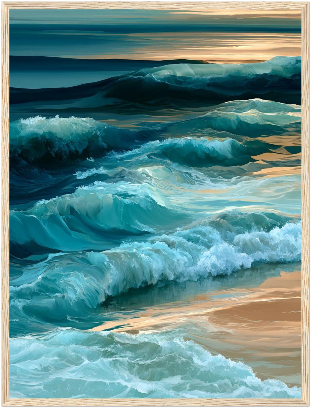 Meereswellen am Sandstrand Poster – Holz natur Rahmen – Produktfoto