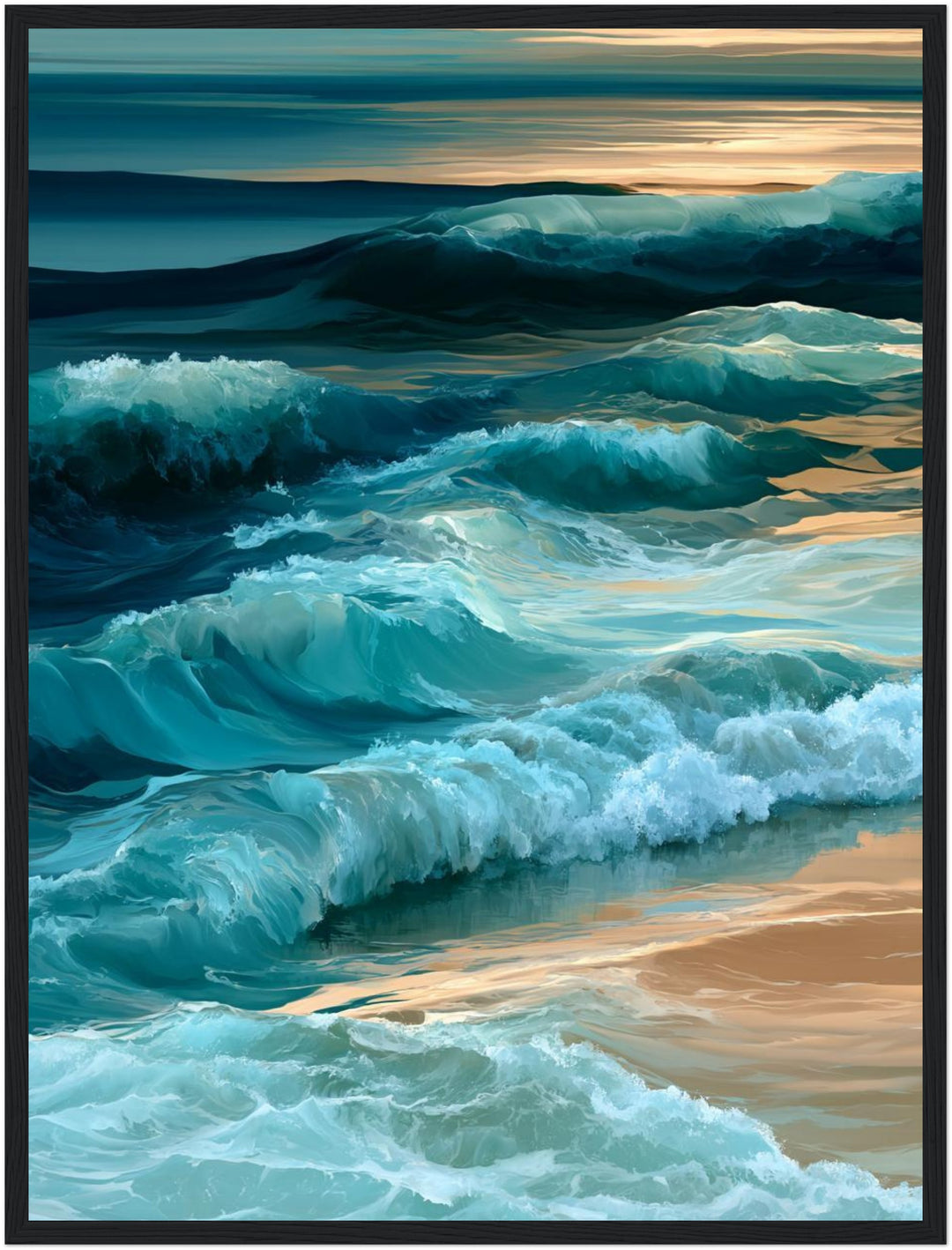 Meereswellen am Sandstrand Poster – Schwarzer Rahmen – Produktfoto