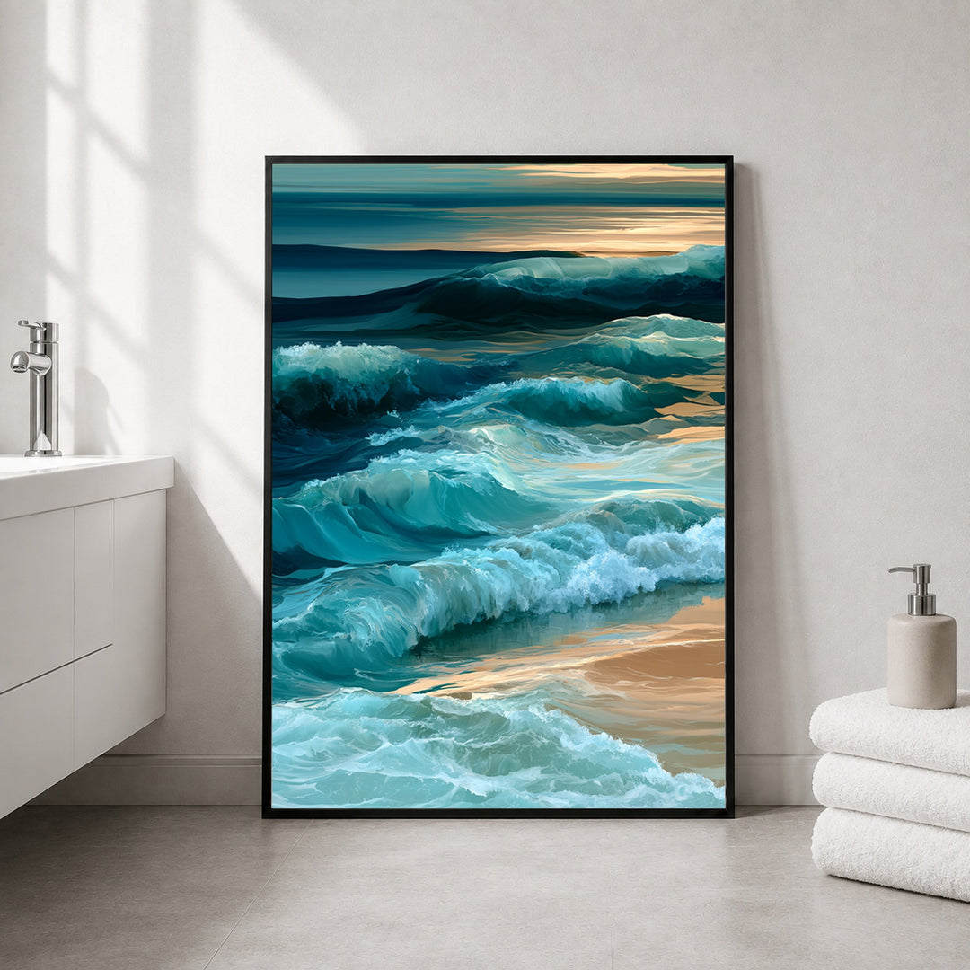 Meereswellen am Sandstrand Poster – Schwarzer Rahmen – Produktfoto