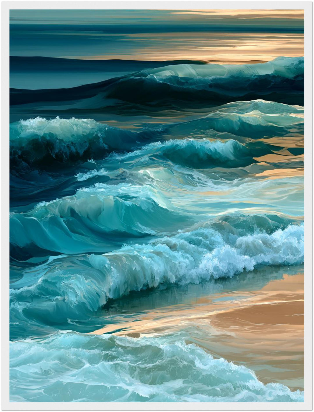Meereswellen am Sandstrand Poster – Weißer Rahmen – Produktfoto