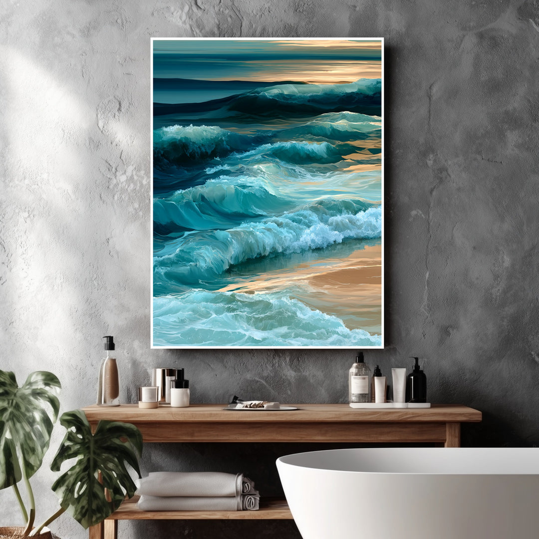 Meereswellen am Sandstrand Poster – Weißer Rahmen – Produktfoto
