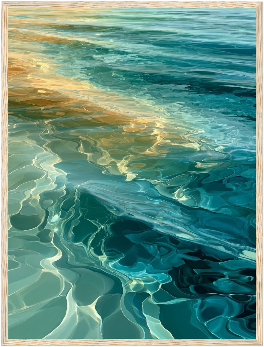 Meerwasser Sonnenlicht Reflexion Poster – Holz natur Rahmen – Produktfoto
