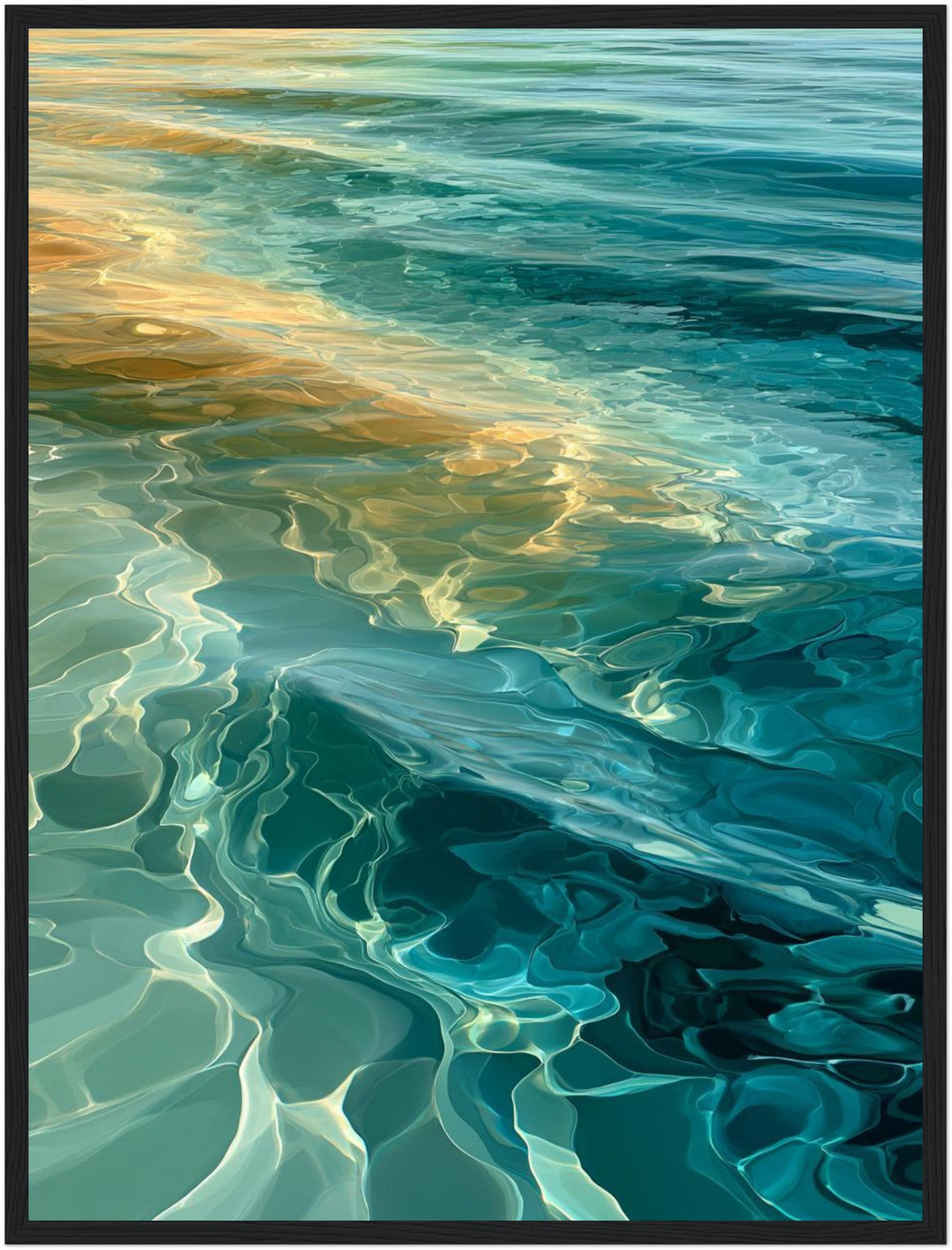 Meerwasser Sonnenlicht Reflexion Poster – Schwarzer Rahmen – Produktfoto
