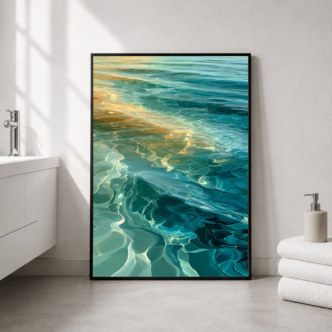Meerwasser Sonnenlicht Reflexion Poster – Schwarzer Rahmen – Produktfoto