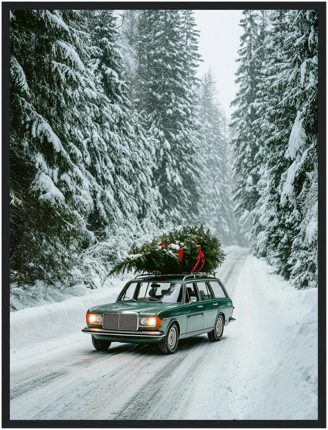 Winterfahrt durch Schneewald Poster – Schwarzer Rahmen – Produktfoto