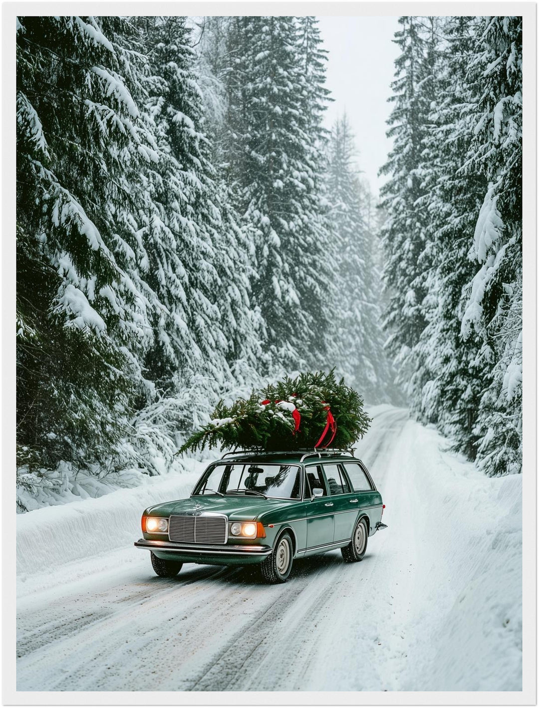 Winterfahrt durch Schneewald Poster – Weißer Rahmen – Produktfoto
