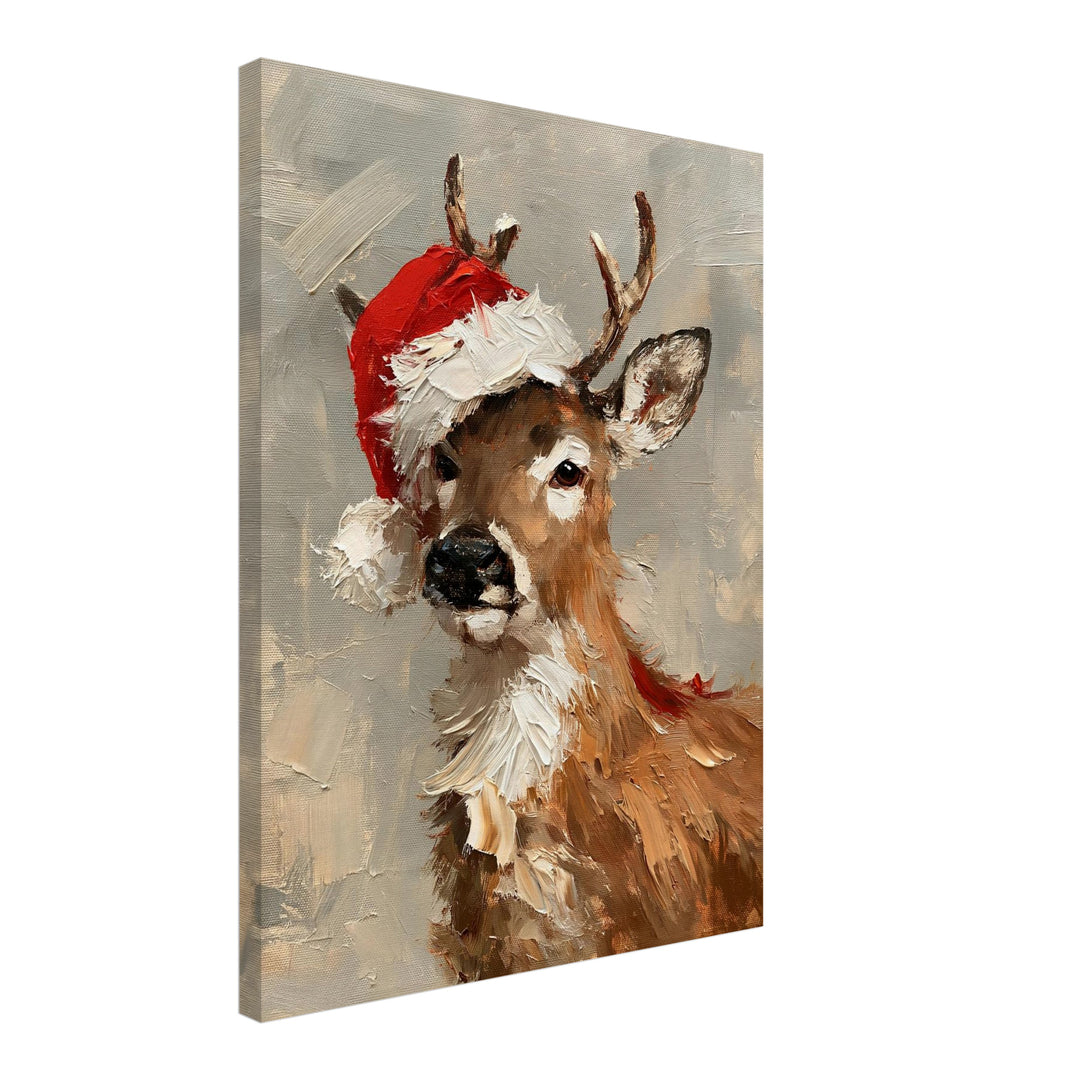 Rentier mit Weihnachtsmütze Leinwandbild – Schräge Ansicht – Produktfoto