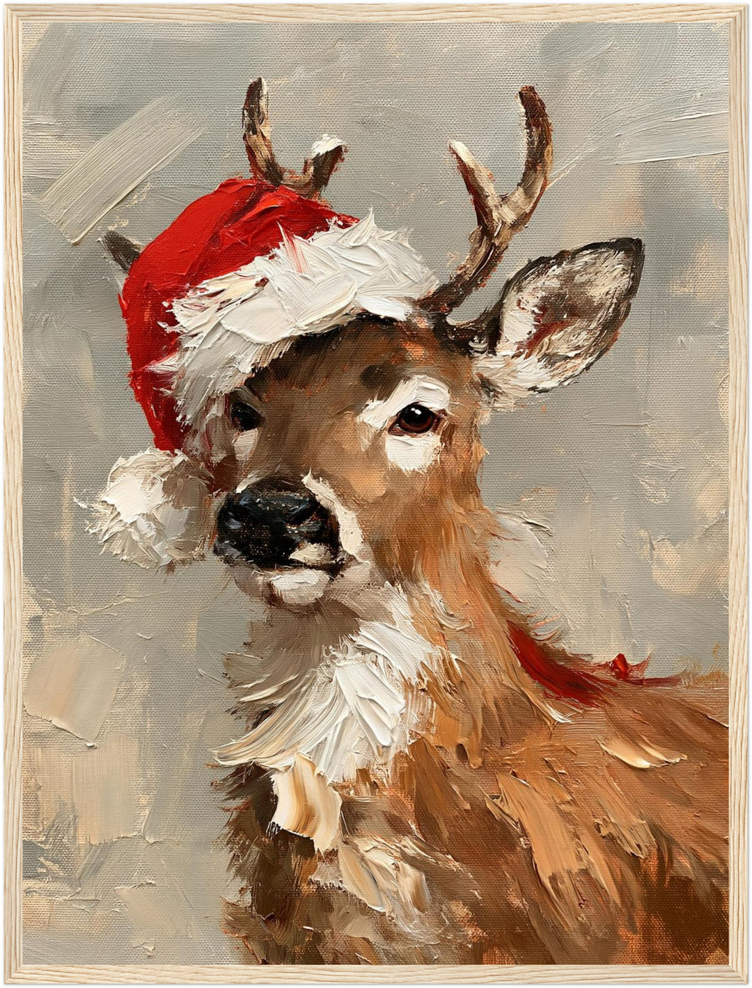 Rentier mit Weihnachtsmütze Poster – Holz natur Rahmen – Produktfoto