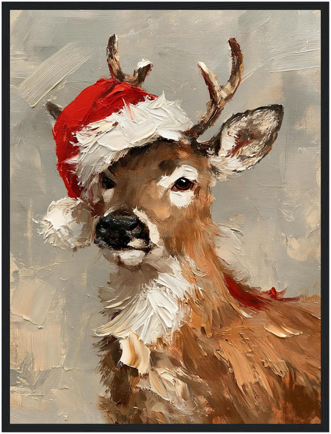 Rentier mit Weihnachtsmütze Poster – Schwarzer Rahmen – Produktfoto