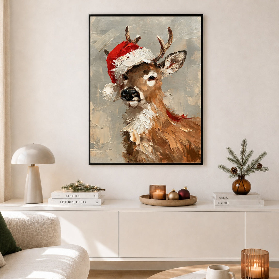 Rentier mit Weihnachtsmütze Poster – Schwarzer Rahmen – Produktfoto