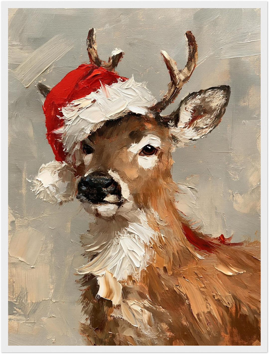 Rentier mit Weihnachtsmütze Poster – Weißer Rahmen – Produktfoto