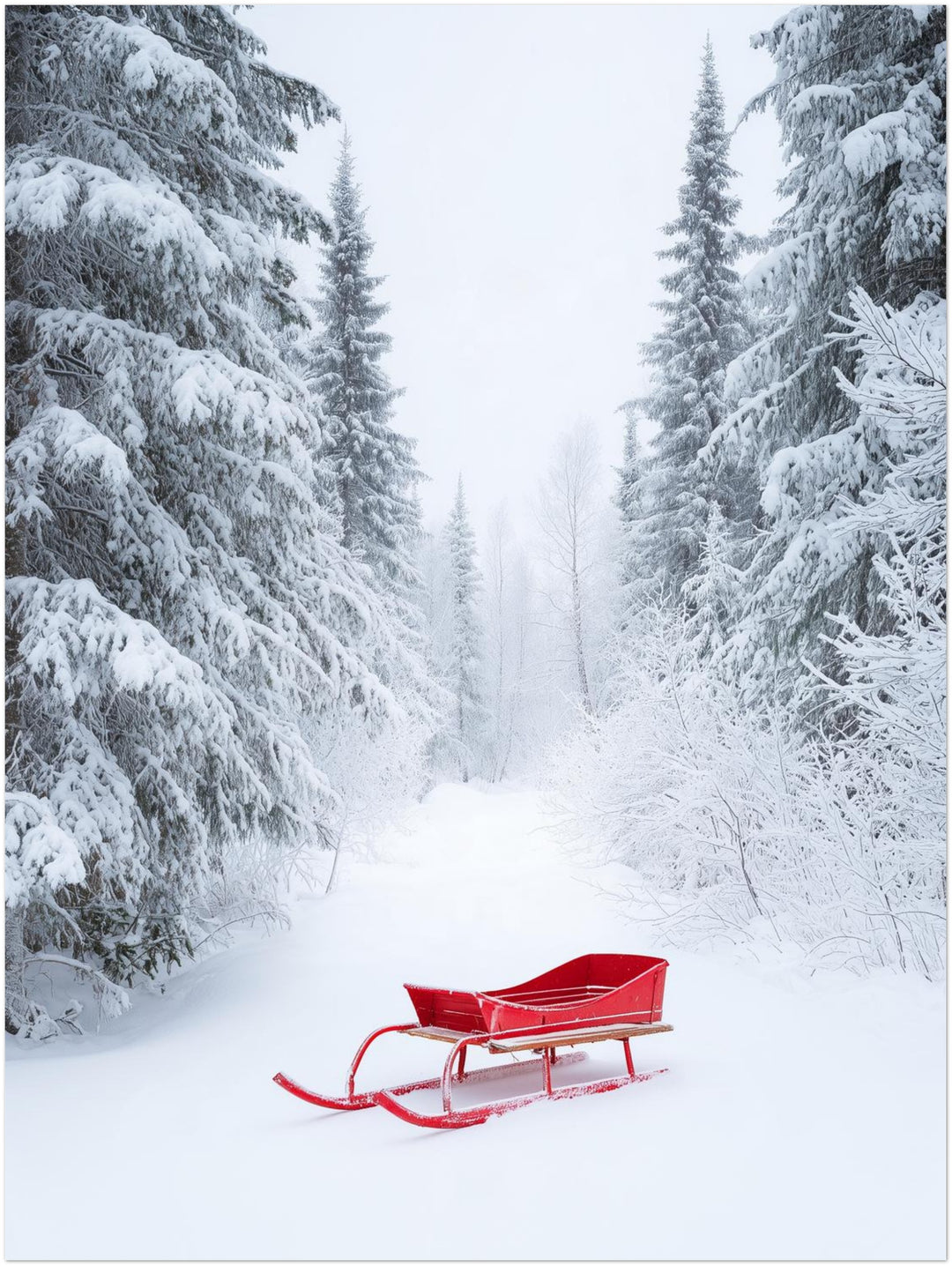 Roter Schlitten im Winterwald Poster – Ohne Rahmen – Produktfoto