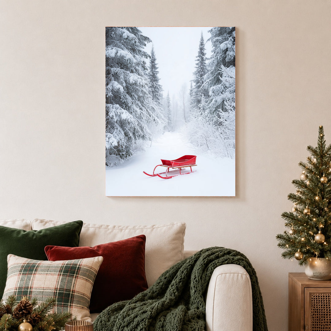 Roter Schlitten im Winterwald Leinwandbild – Ohne Rahmen – Produktfoto