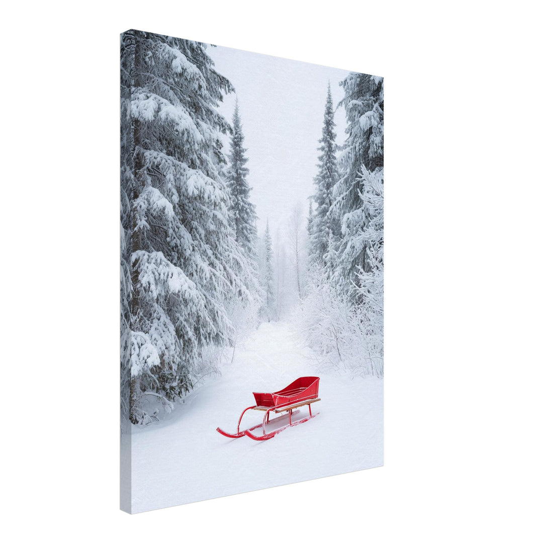 Roter Schlitten im Winterwald Leinwandbild – Schräge Ansicht – Produktfoto