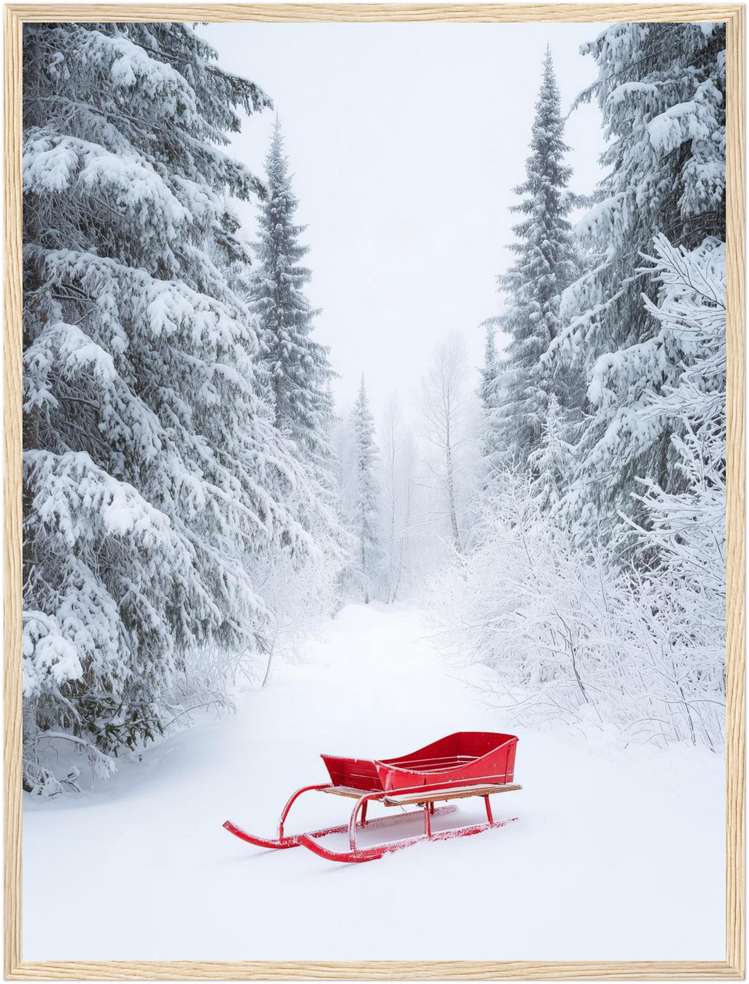 Roter Schlitten im Winterwald Poster – Holz natur Rahmen – Produktfoto