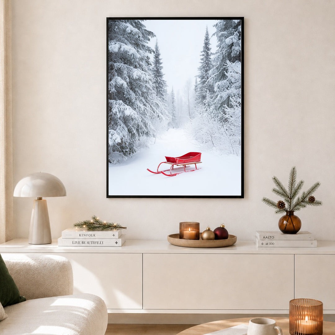 Roter Schlitten im Winterwald Poster – Schwarzer Rahmen – Produktfoto