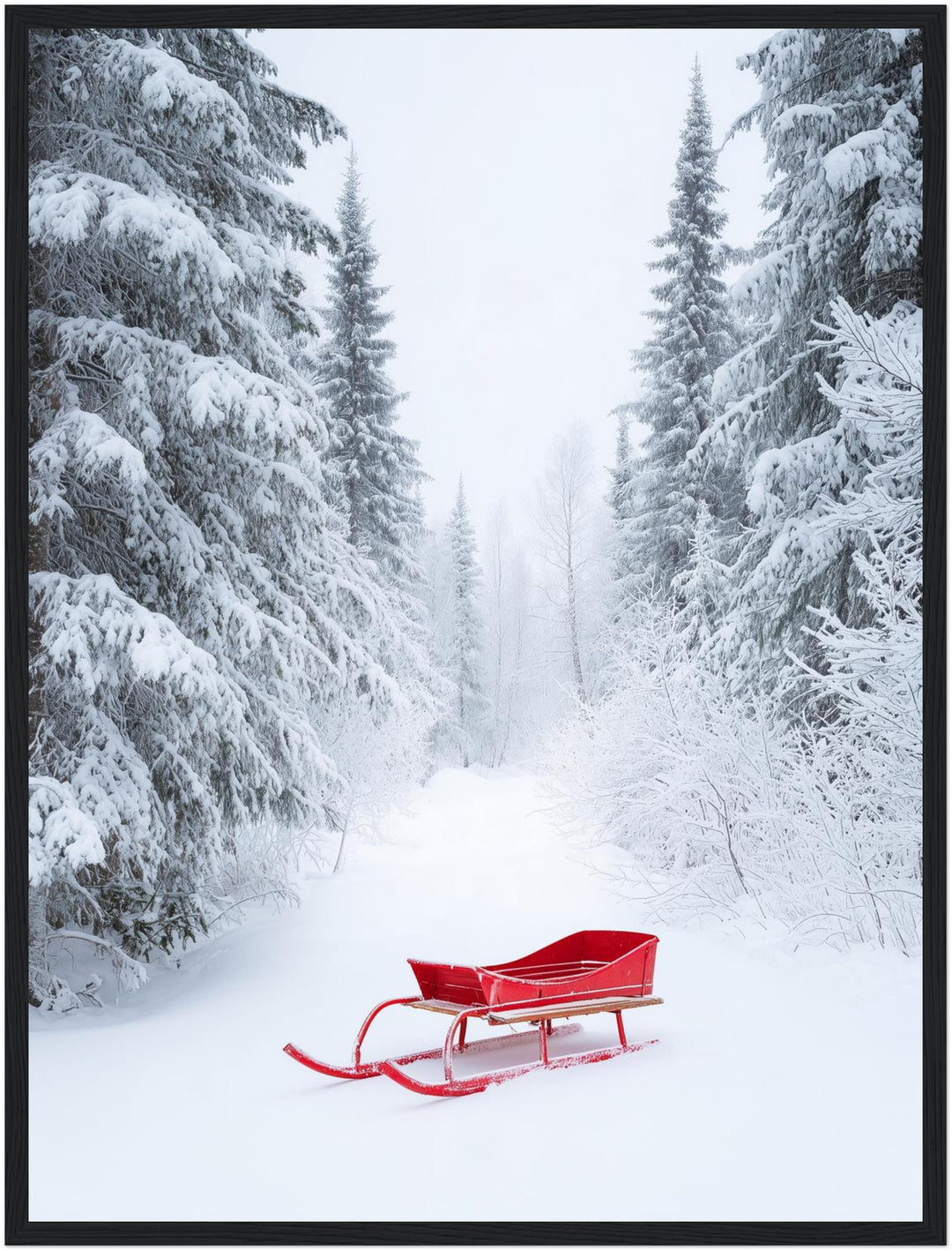 Roter Schlitten im Winterwald Poster – Schwarzer Rahmen – Produktfoto
