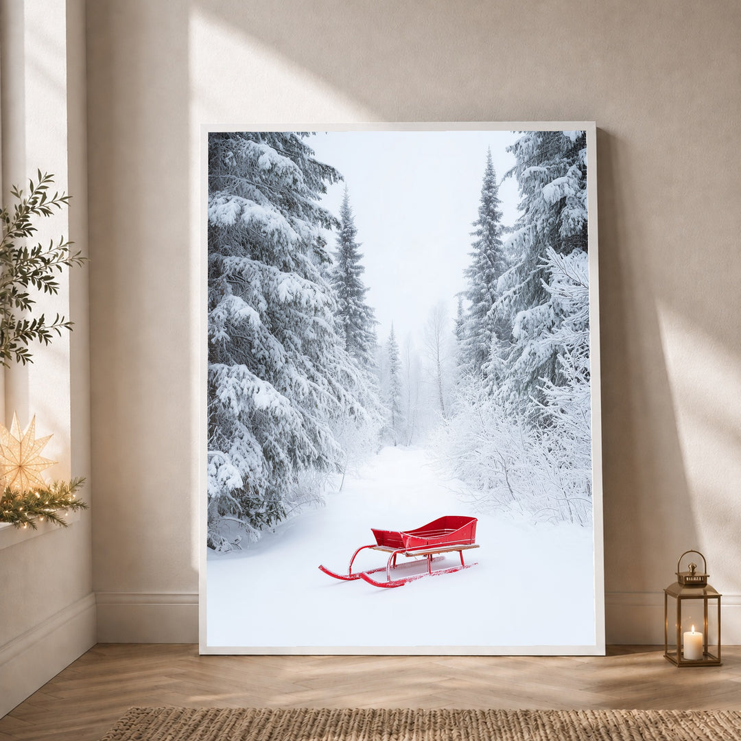 Roter Schlitten im Winterwald Poster – Weißer Rahmen – Produktfoto