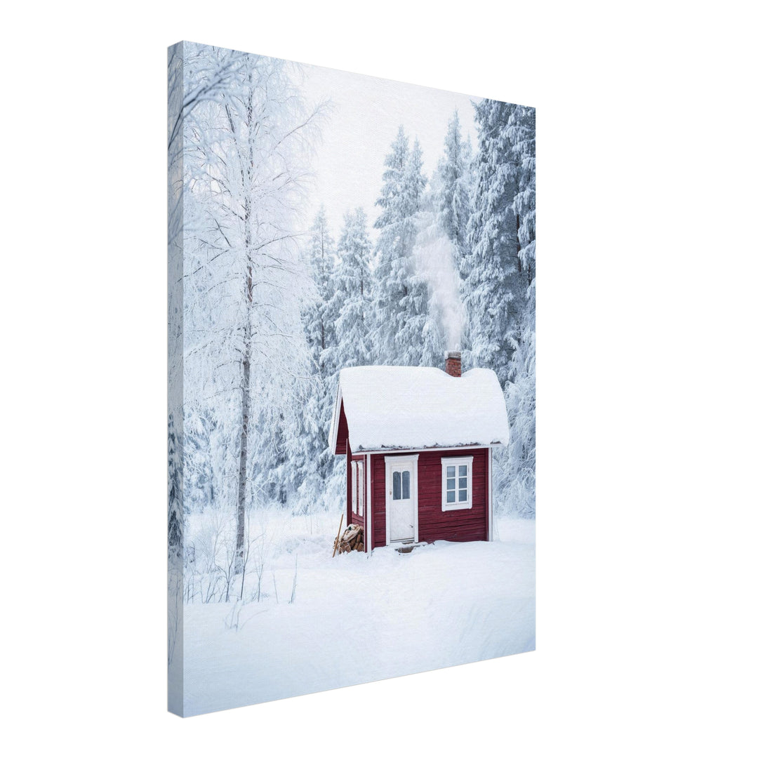 Rotes Häuschen im Schnee Leinwandbild – Schräge Ansicht – Produktfoto