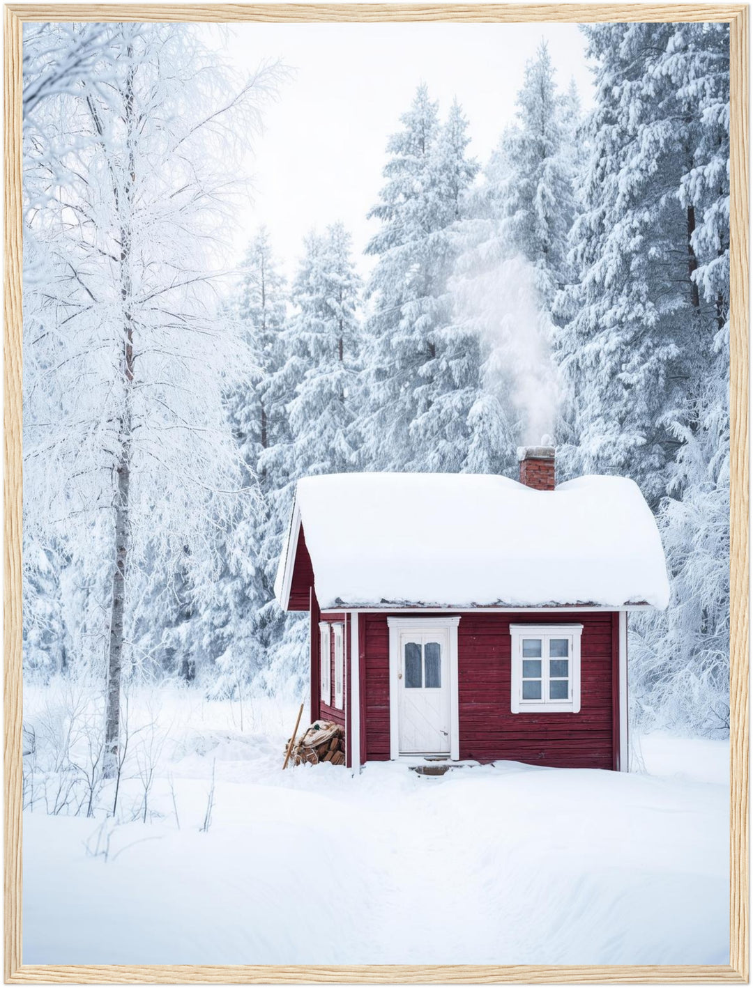 Rotes Häuschen im Schnee Poster – Holz natur Rahmen – Produktfoto