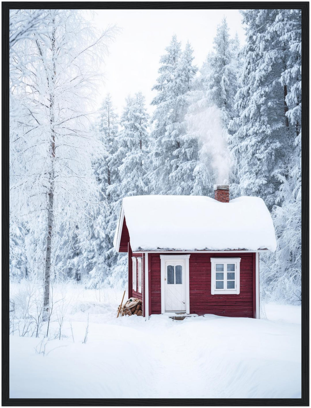 Rotes Häuschen im Schnee Poster – Schwarzer Rahmen – Produktfoto