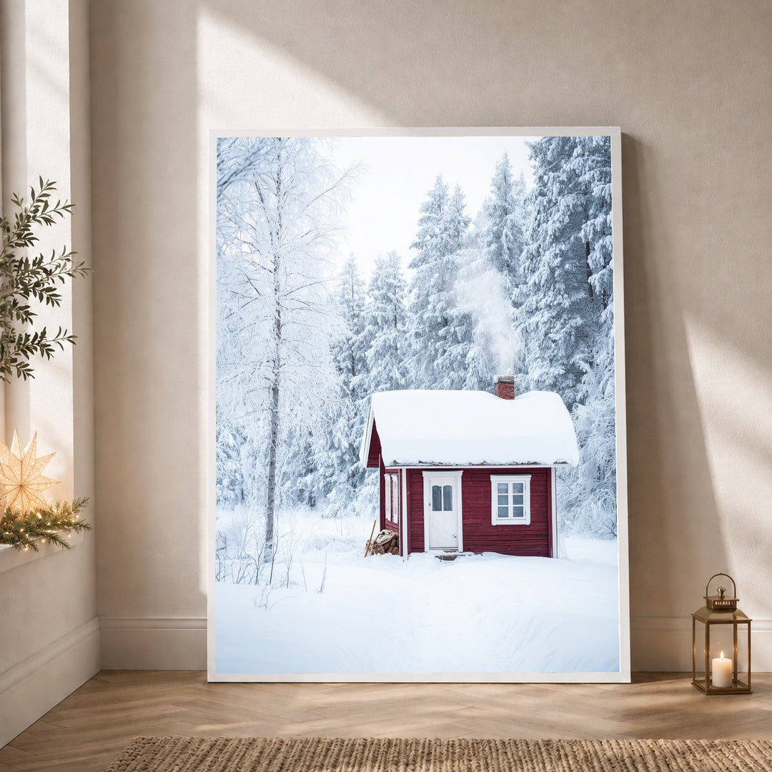 Rotes Häuschen im Schnee Poster – Weißer Rahmen – Produktfoto