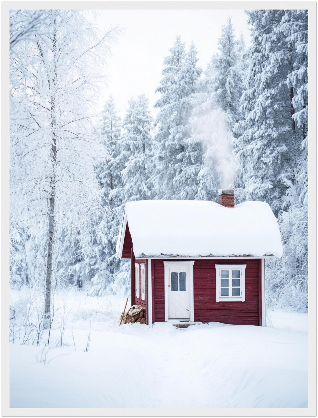 Rotes Häuschen im Schnee Poster – Weißer Rahmen – Produktfoto