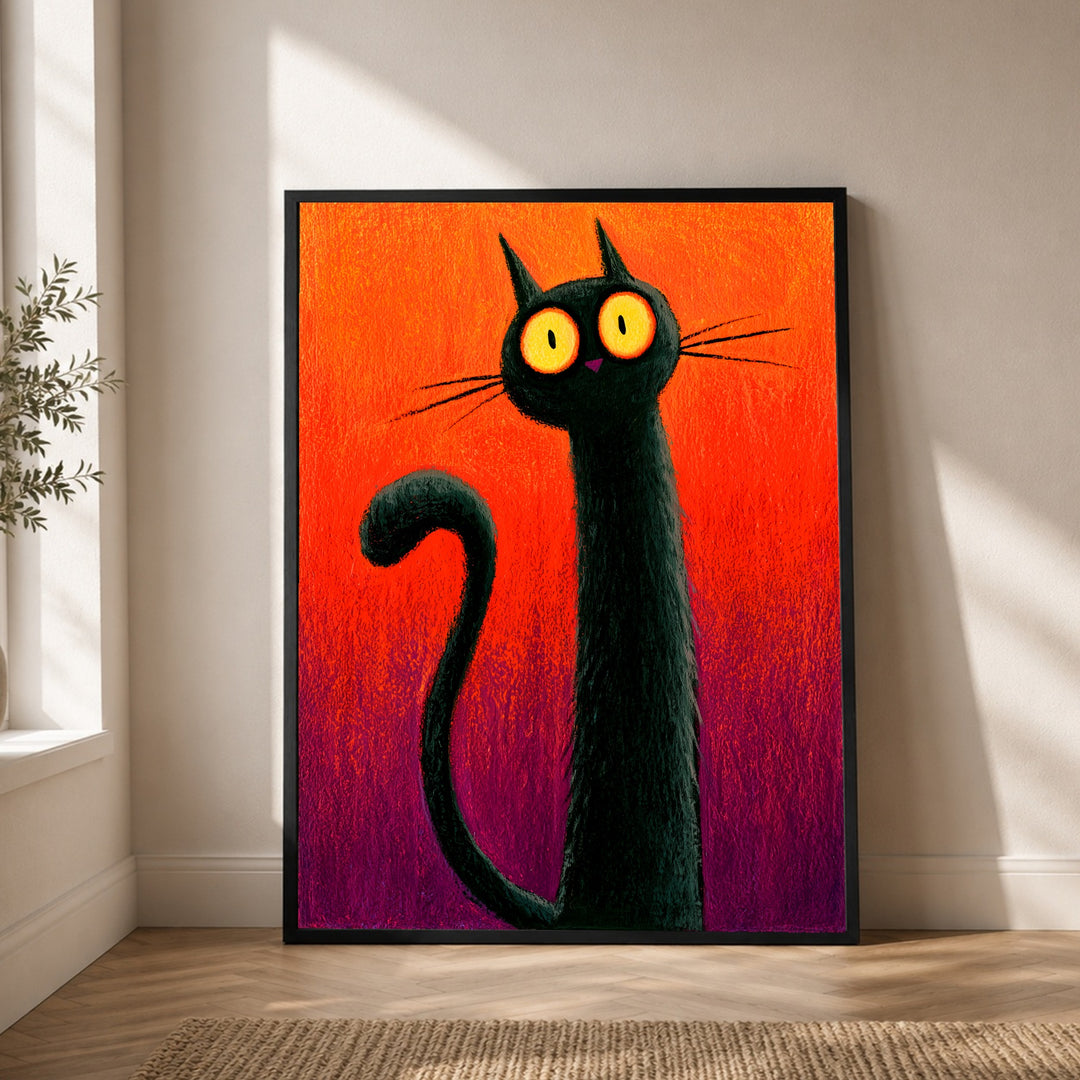 Schwarze Katze Halloween Poster – Schwarzer Rahmen – Produktfoto