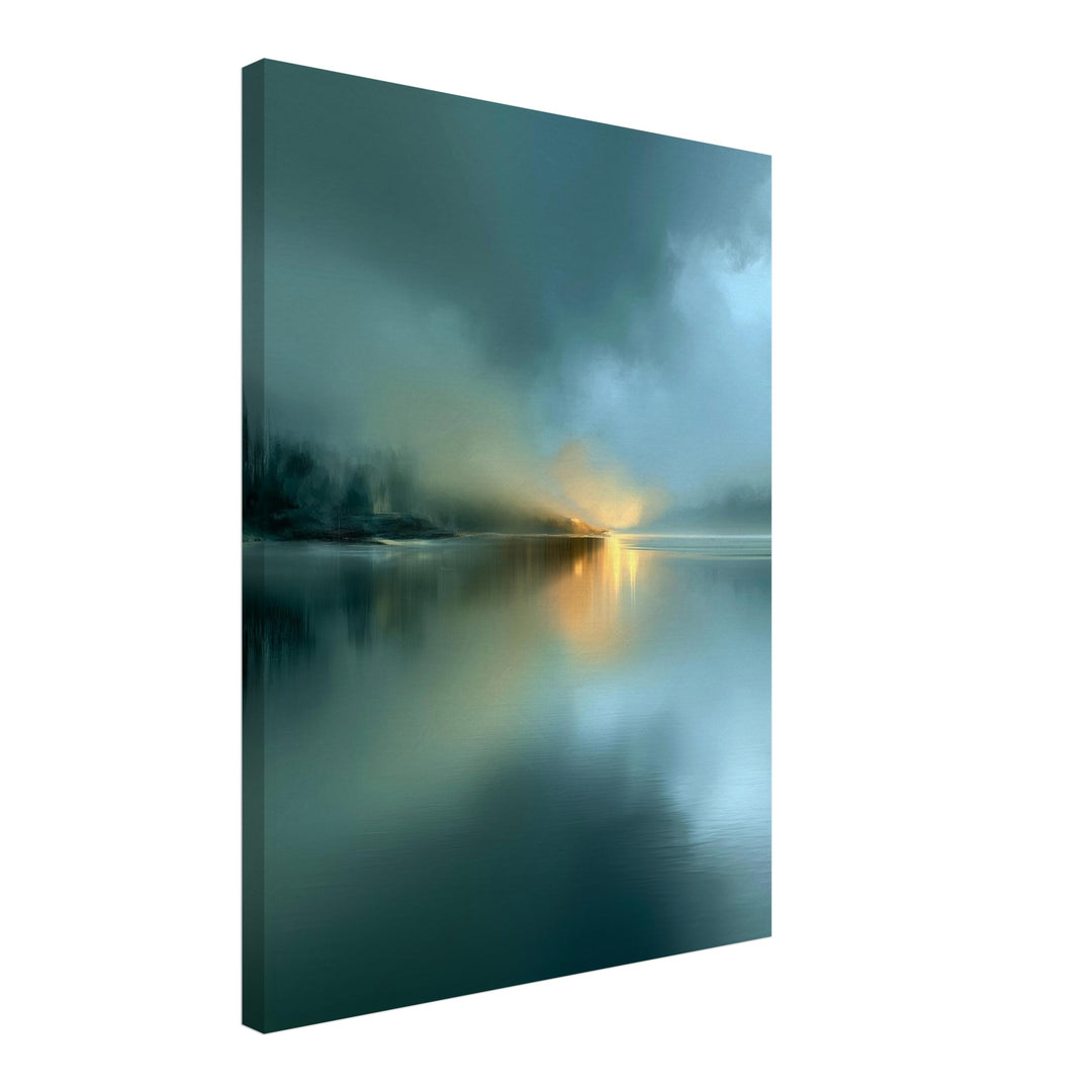 See im Morgennebel Leinwandbild – Schräge Ansicht – Produktfoto