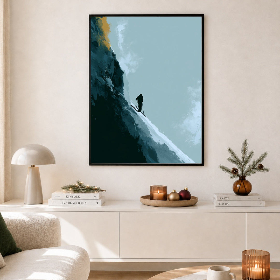 Skifahrer im Winterlicht Poster – Schwarzer Rahmen – Produktfoto