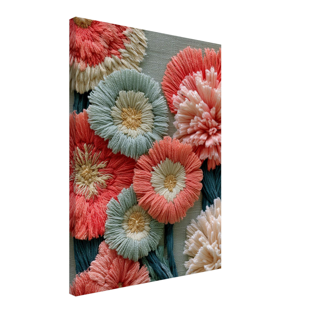 Stickerei Blumen Pastell Leinwandbild – Schräge Ansicht – Produktfoto