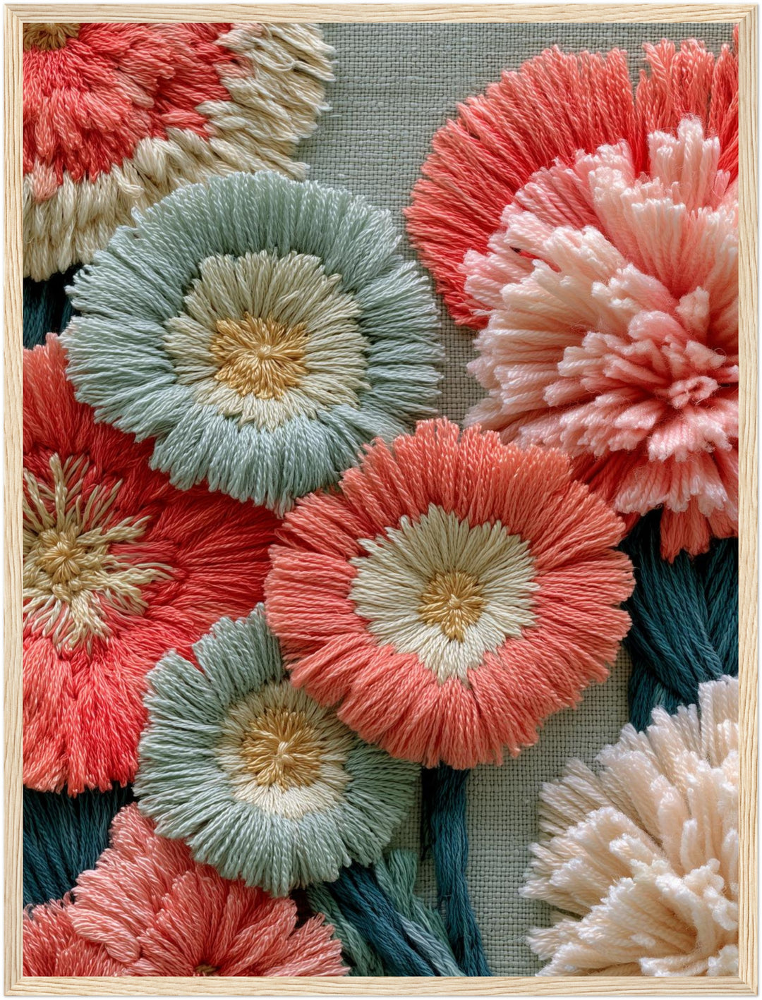 Stickerei Blumen Pastell Poster – Holz natur Rahmen – Produktfoto