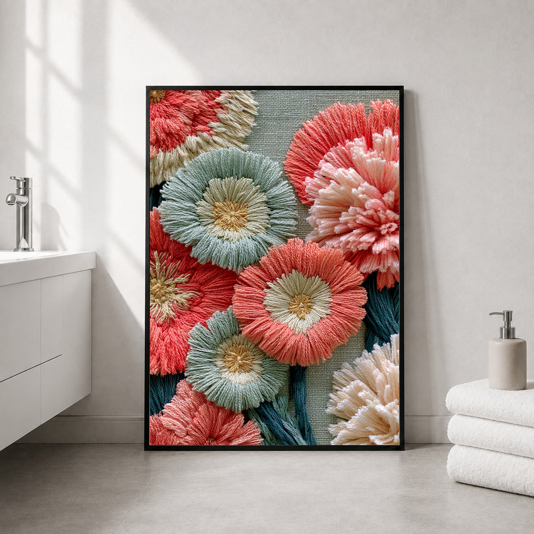 Stickerei Blumen Pastell Poster – Schwarzer Rahmen – Produktfoto