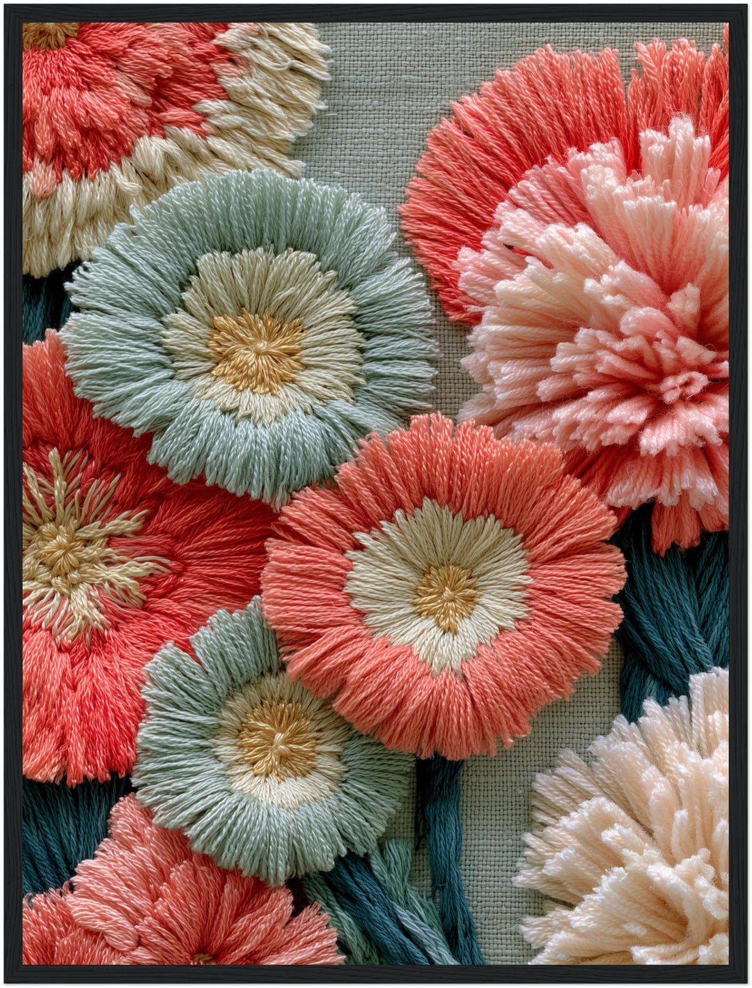 Stickerei Blumen Pastell Poster – Schwarzer Rahmen – Produktfoto