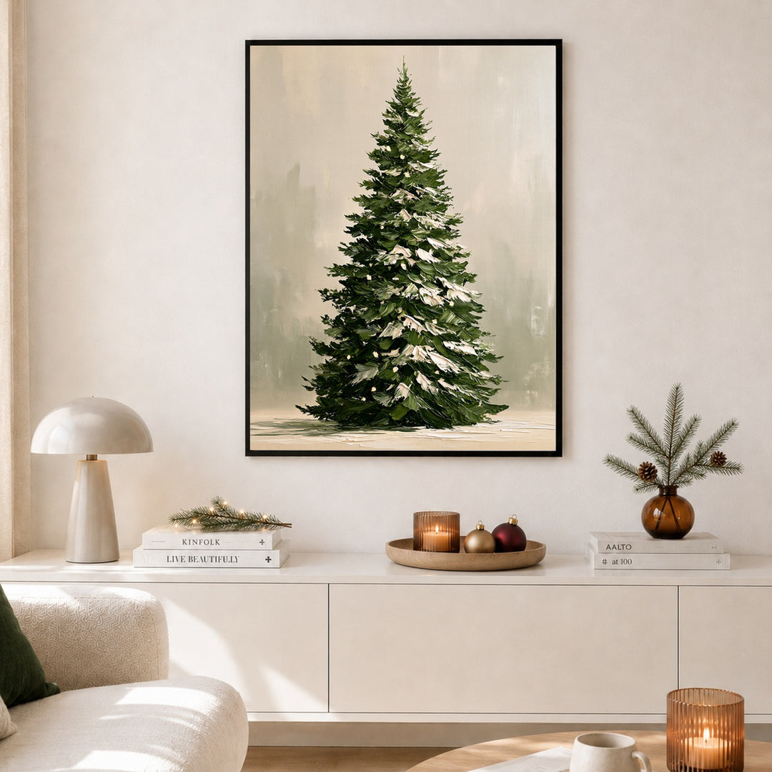 Verschneiter Tannenbaum im Winter Poster – Schwarzer Rahmen – Produktfoto