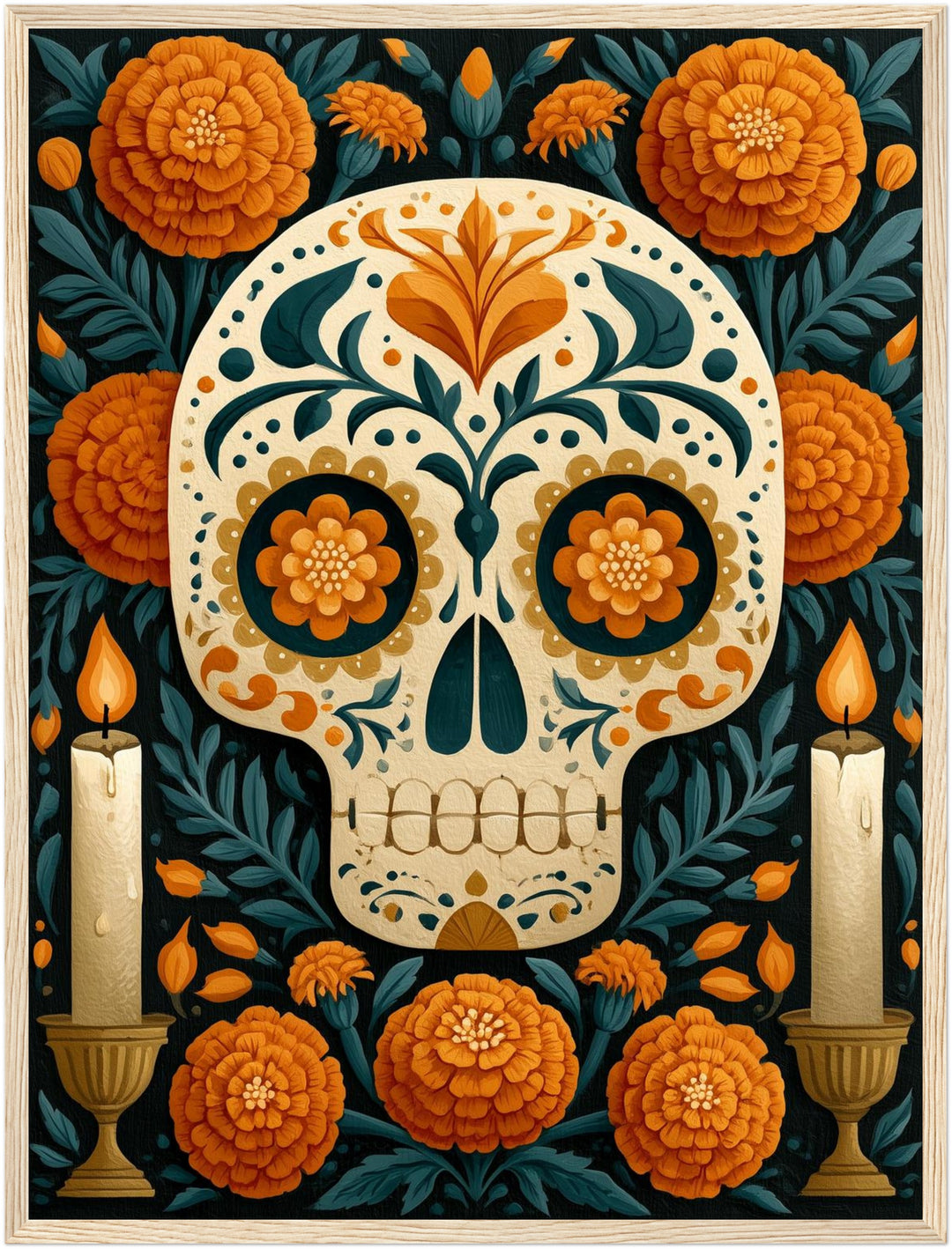 Día de los Muertos Totenschädel Poster – Holz natur Rahmen – Produktfoto