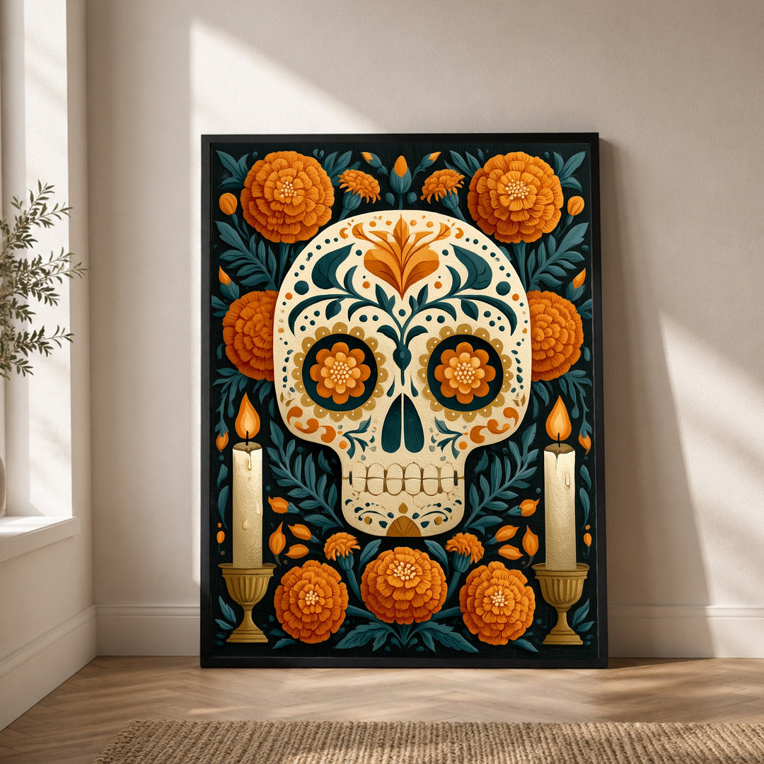 Día de los Muertos Totenschädel Poster – Schwarzer Rahmen – Produktfoto