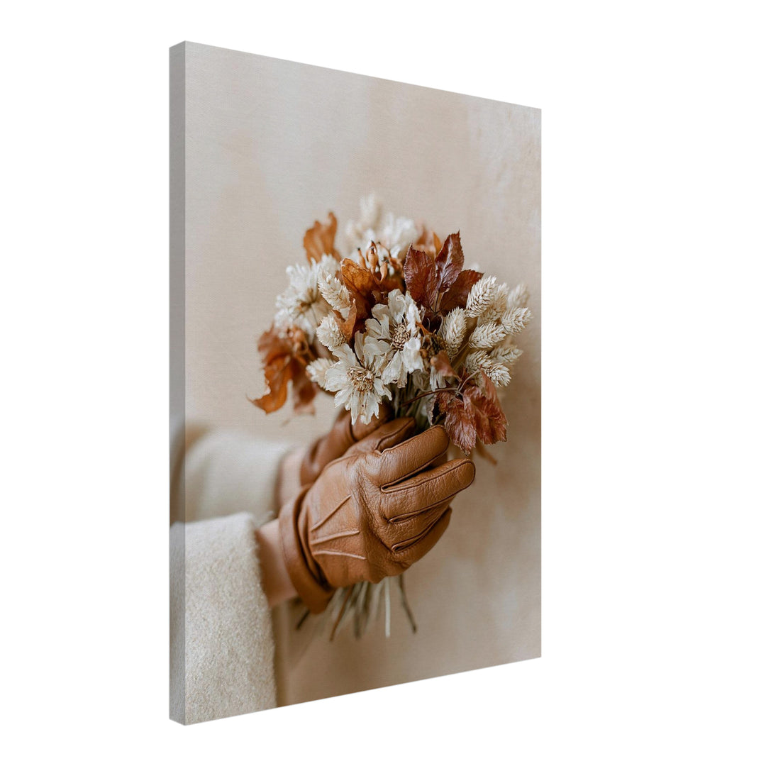 Getrockneter Herbststrauß mit Lederhandschuh Leinwandbild – Schräge Ansicht – Produktfoto