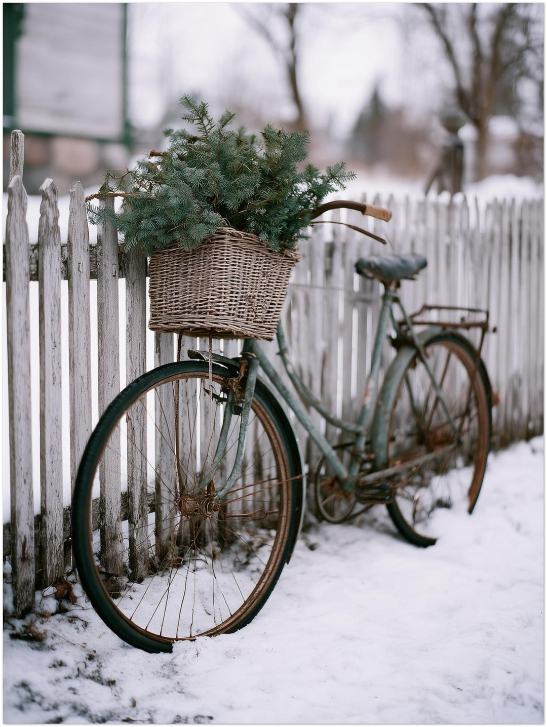 Vintagefahrrad im Winterschnee Poster – Ohne Rahmen – Produktfoto