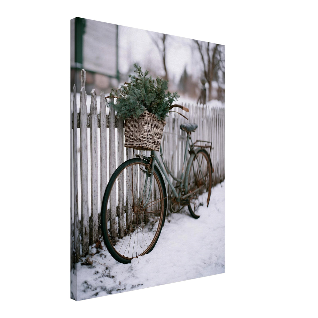 Vintagefahrrad im Winterschnee Leinwandbild – Schräge Ansicht – Produktfoto
