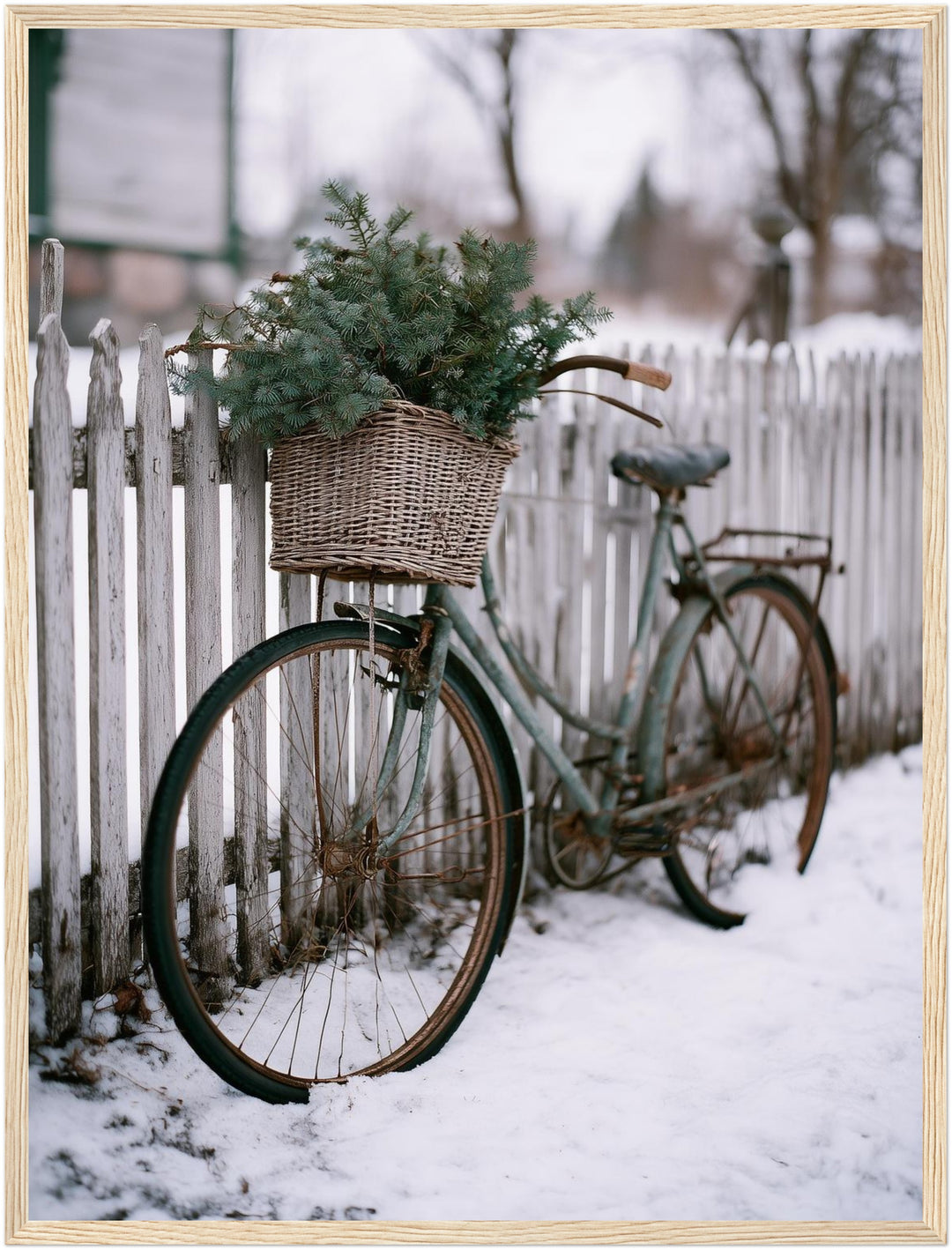 Vintagefahrrad im Winterschnee Poster – Holz natur Rahmen – Produktfoto