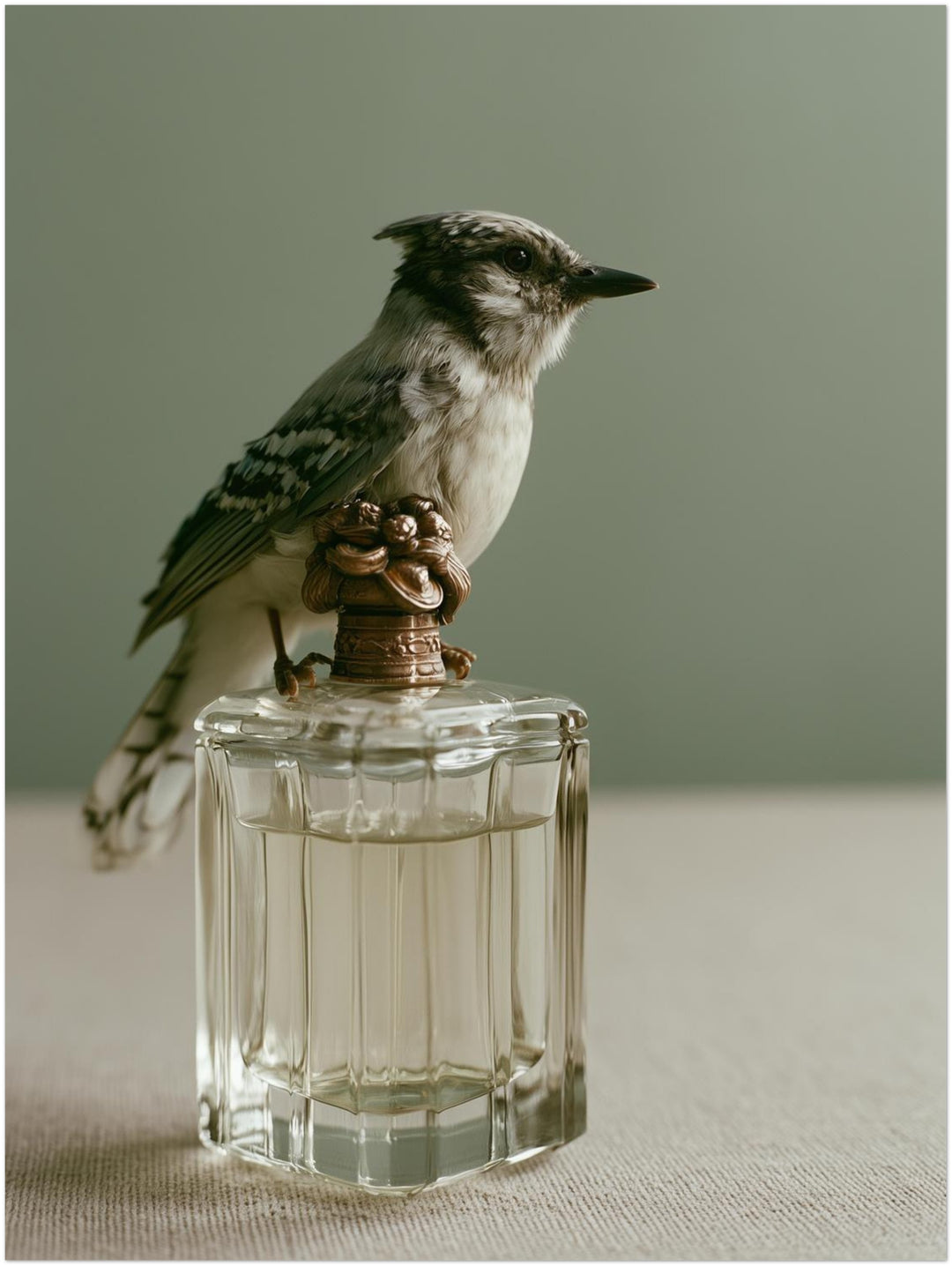 Vogel auf Parfumflasche Leinwandbild – Ohne Rahmen – Produktfoto