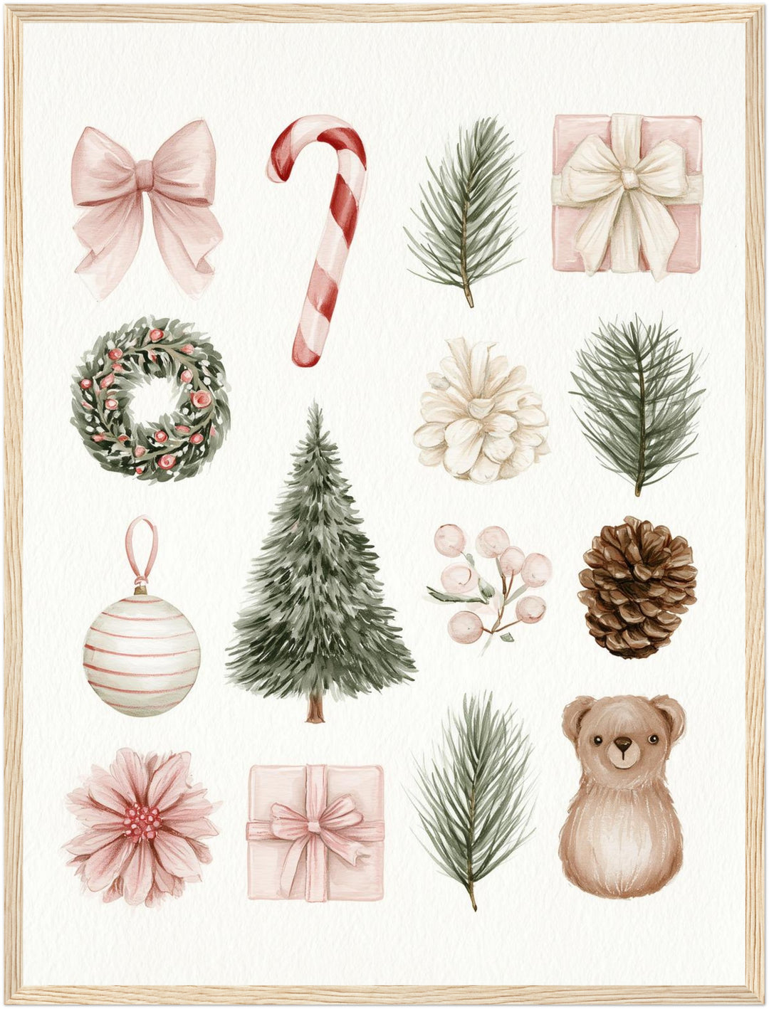 Aquarell Weihnachtssammlung Poster – Holz natur Rahmen – Produktfoto