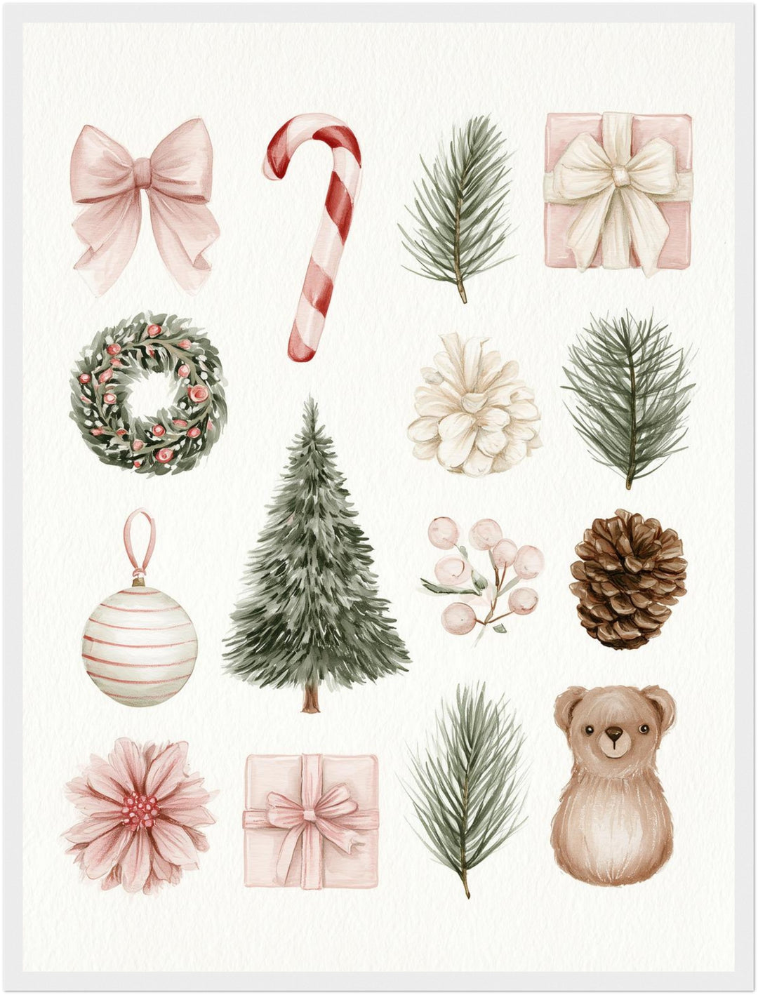 Aquarell Weihnachtssammlung Poster – Weißer Rahmen – Produktfoto
